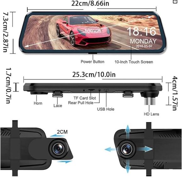 10" HD Touch Screen Dual DashCam, Wireless Front, Wired Rear Cameras. New In Box - Picture 3 of 7